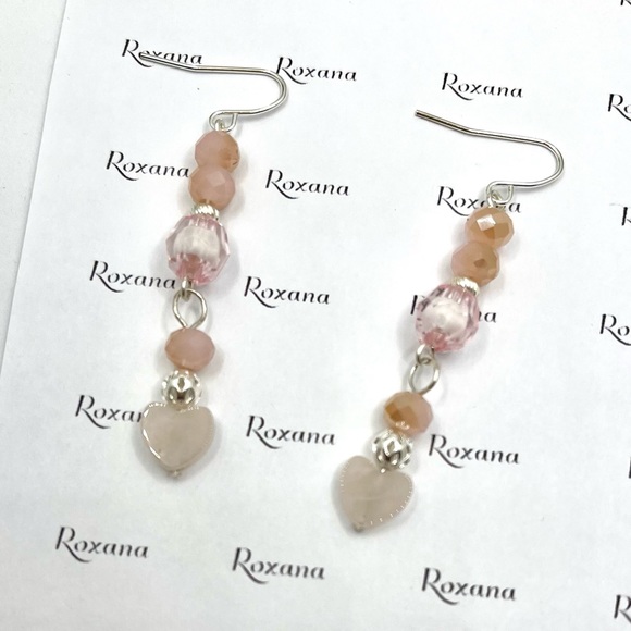 Unique Dainty Dangle Earrings - Rose Quartz Hearts, Crystal beads - Picture 3 of 7